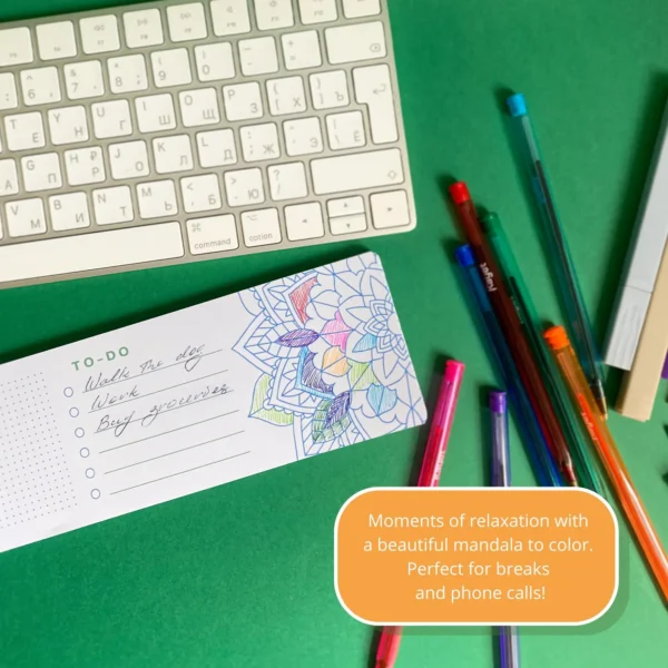 Keyboard To-do & Notes Desk Pad. Keyboard Desk Planner with Mandala for Coloring. Creativity in every moment: make your breaks special!