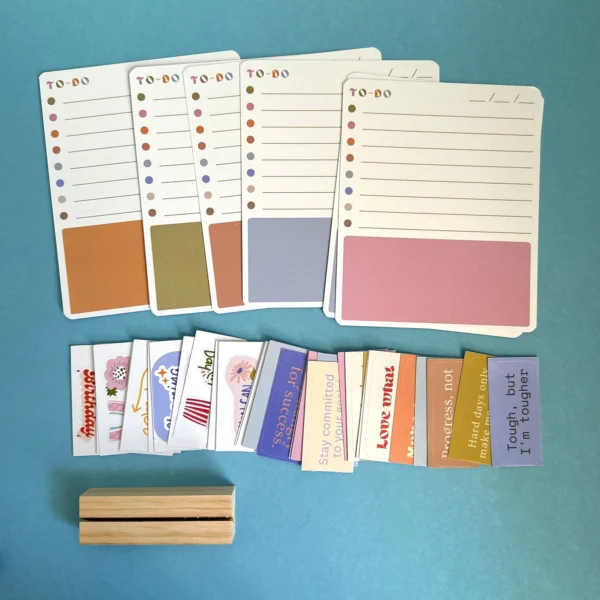 Handmade To-Do List & Note cards in wooden box. Motivation stickers and wooden stand. Desk planner undate. - Image 2